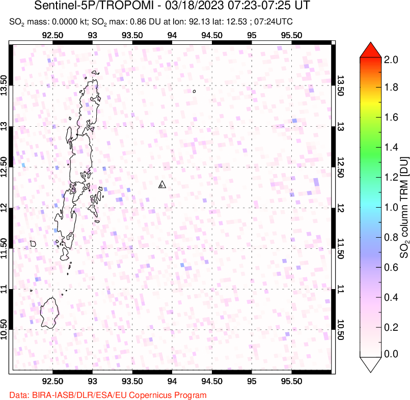 A sulfur dioxide image over Andaman Islands, Indian Ocean on Mar 18, 2023.