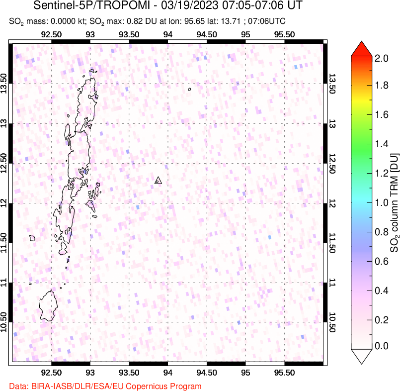 A sulfur dioxide image over Andaman Islands, Indian Ocean on Mar 19, 2023.