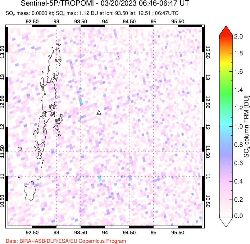 A sulfur dioxide image over Andaman Islands, Indian Ocean on Mar 20, 2023.