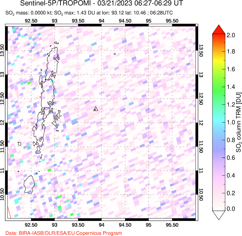 A sulfur dioxide image over Andaman Islands, Indian Ocean on Mar 21, 2023.