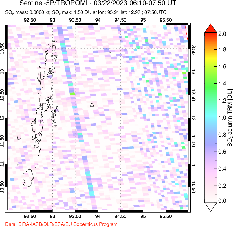 A sulfur dioxide image over Andaman Islands, Indian Ocean on Mar 22, 2023.