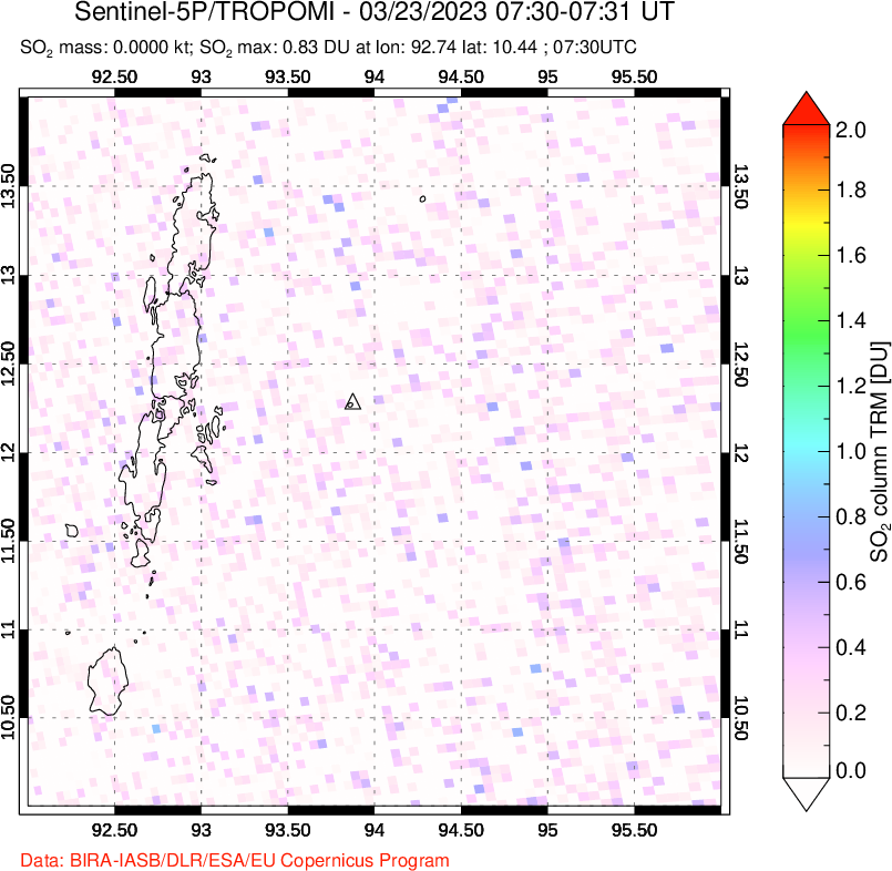 A sulfur dioxide image over Andaman Islands, Indian Ocean on Mar 23, 2023.