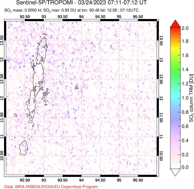 A sulfur dioxide image over Andaman Islands, Indian Ocean on Mar 24, 2023.