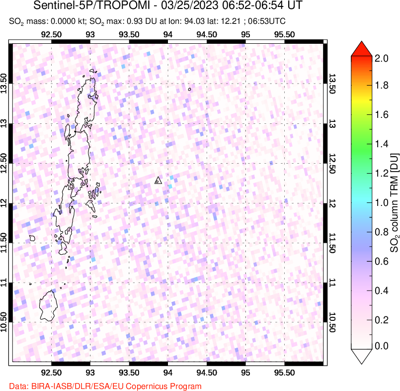 A sulfur dioxide image over Andaman Islands, Indian Ocean on Mar 25, 2023.