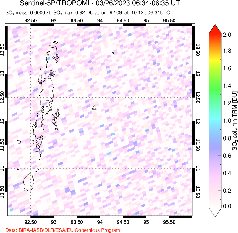 A sulfur dioxide image over Andaman Islands, Indian Ocean on Mar 26, 2023.