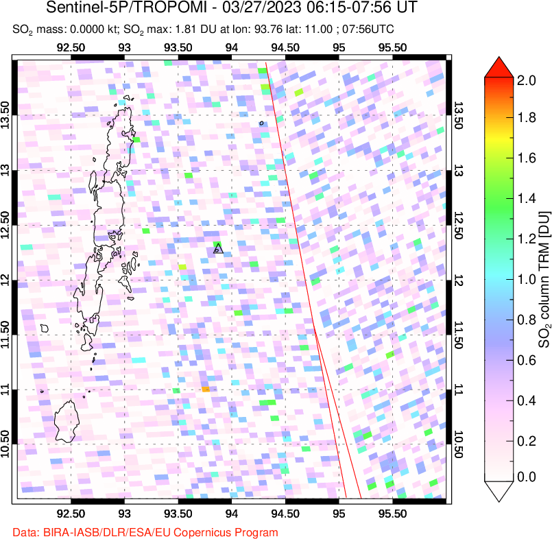 A sulfur dioxide image over Andaman Islands, Indian Ocean on Mar 27, 2023.
