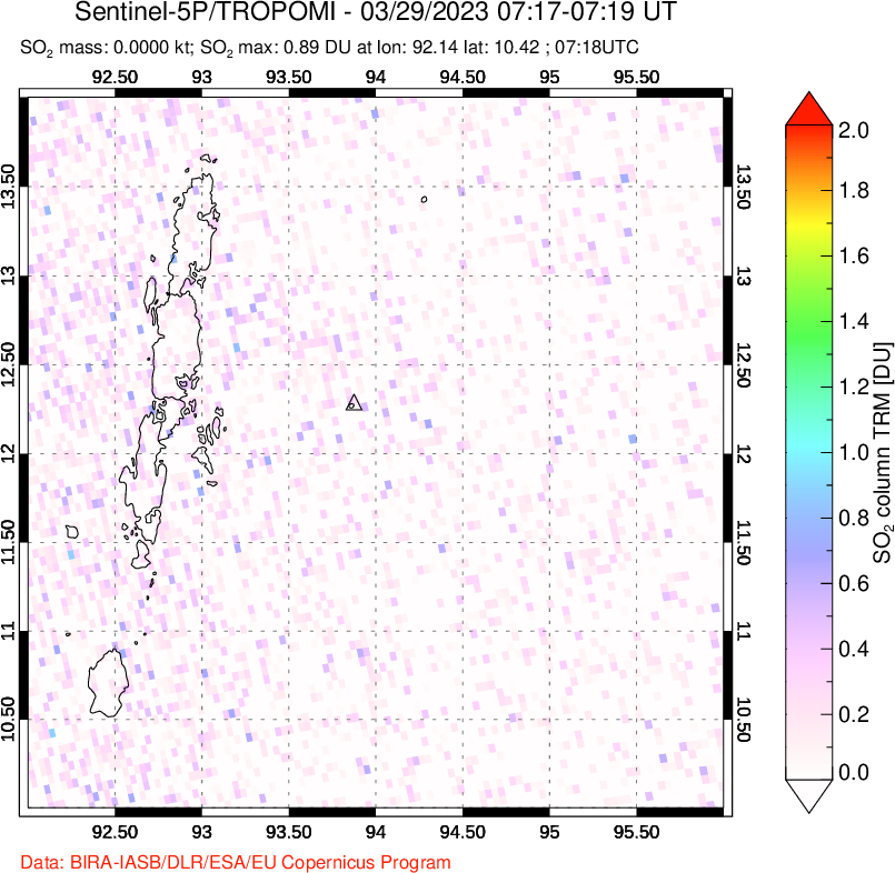 A sulfur dioxide image over Andaman Islands, Indian Ocean on Mar 29, 2023.