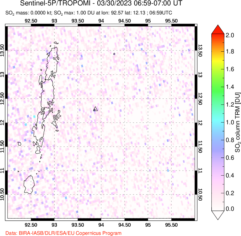 A sulfur dioxide image over Andaman Islands, Indian Ocean on Mar 30, 2023.
