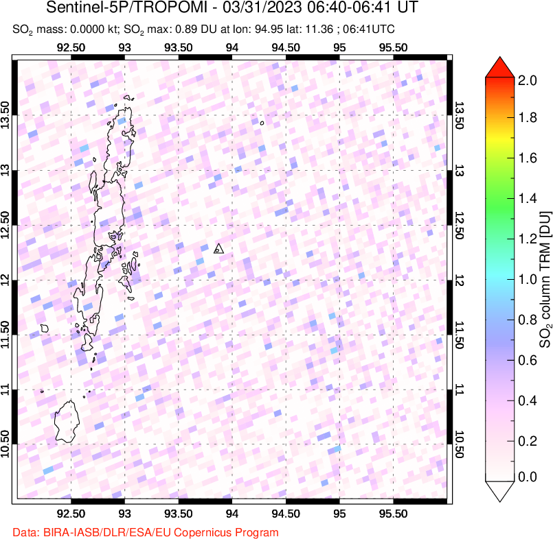 A sulfur dioxide image over Andaman Islands, Indian Ocean on Mar 31, 2023.