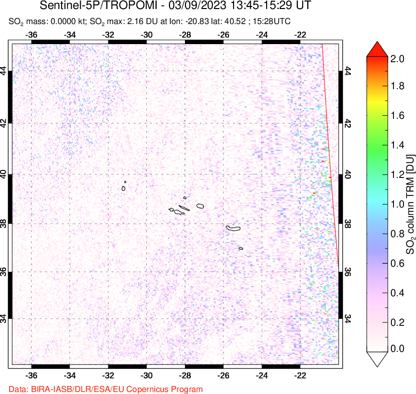 A sulfur dioxide image over Azore Islands, Portugal on Mar 09, 2023.
