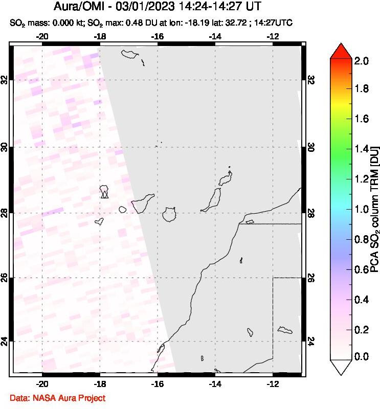A sulfur dioxide image over Canary Islands on Mar 01, 2023.