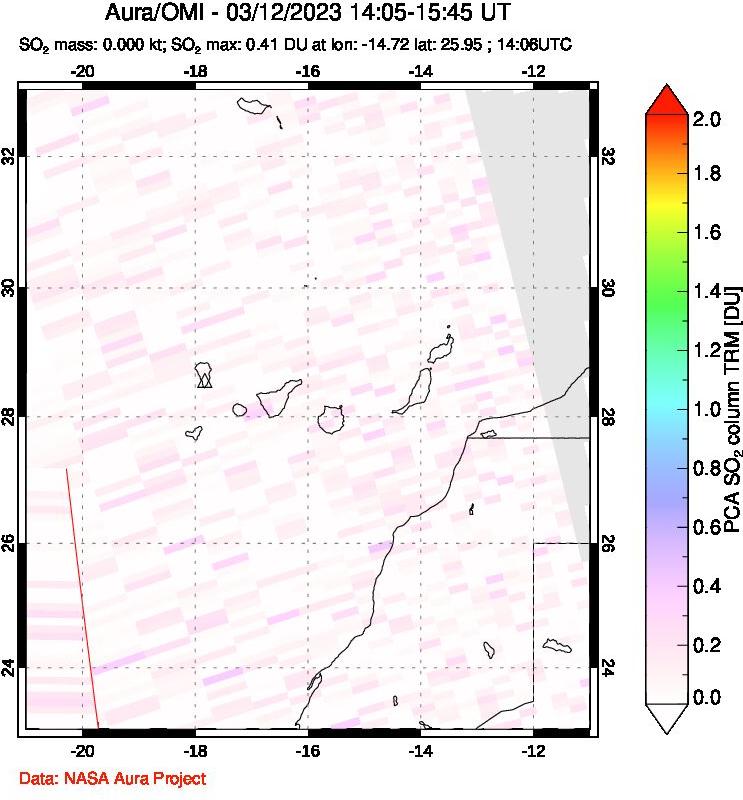 A sulfur dioxide image over Canary Islands on Mar 12, 2023.