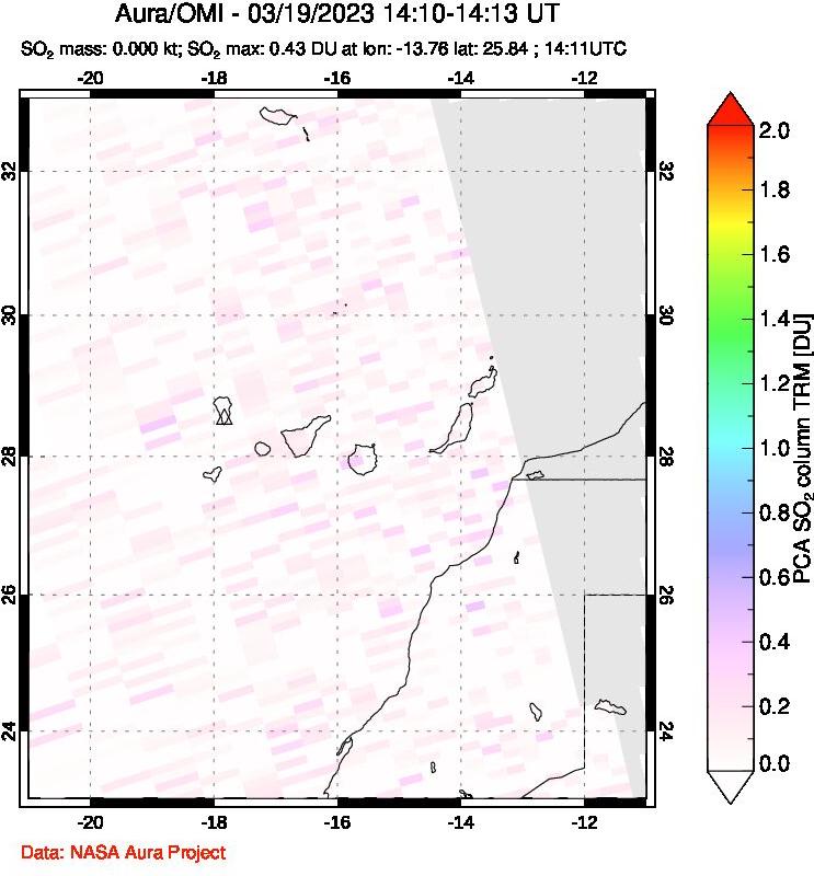 A sulfur dioxide image over Canary Islands on Mar 19, 2023.