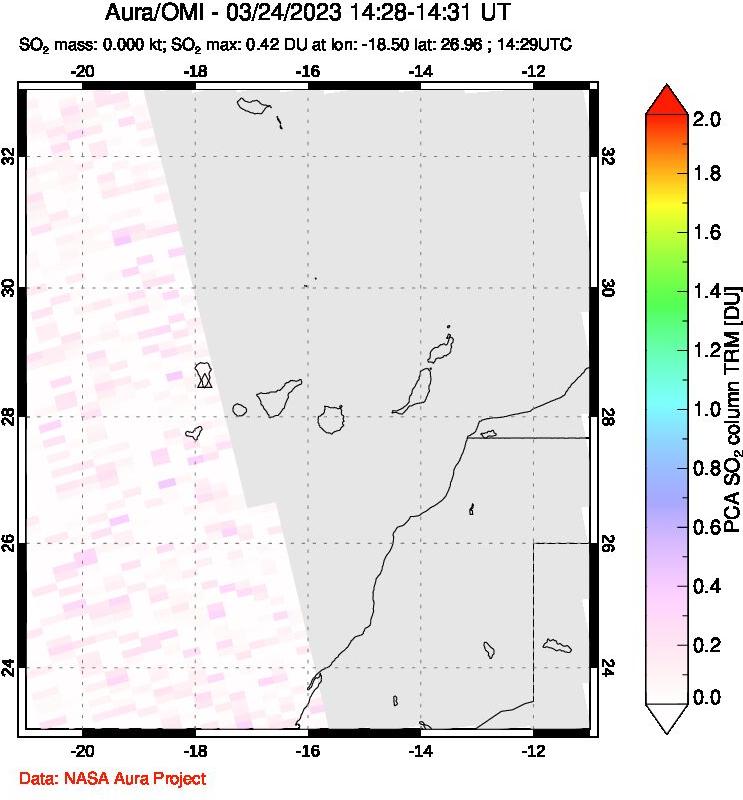 A sulfur dioxide image over Canary Islands on Mar 24, 2023.