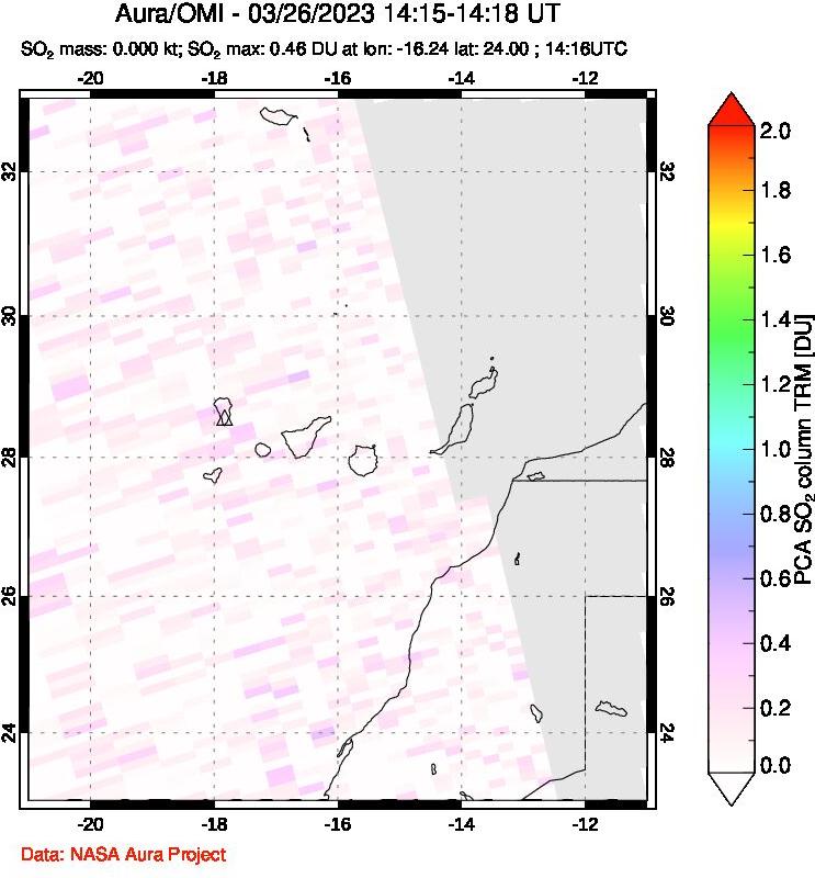 A sulfur dioxide image over Canary Islands on Mar 26, 2023.
