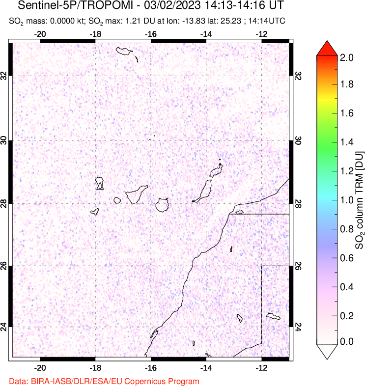 A sulfur dioxide image over Canary Islands on Mar 02, 2023.