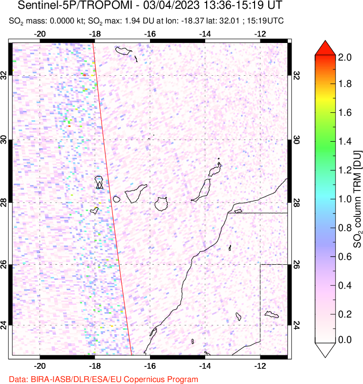 A sulfur dioxide image over Canary Islands on Mar 04, 2023.