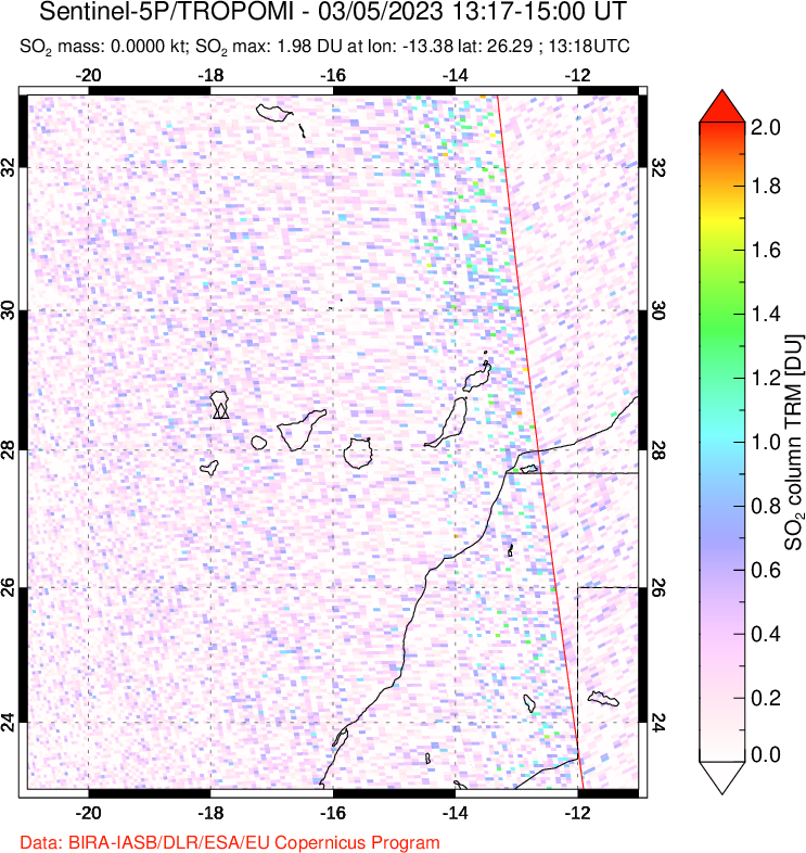 A sulfur dioxide image over Canary Islands on Mar 05, 2023.