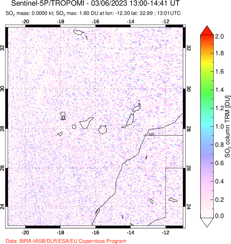 A sulfur dioxide image over Canary Islands on Mar 06, 2023.