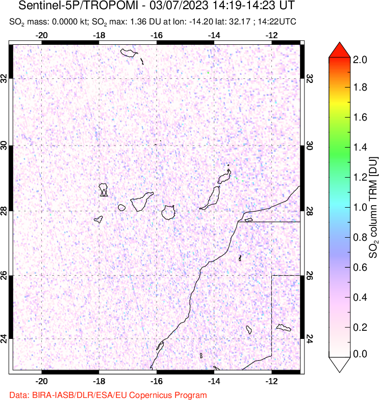 A sulfur dioxide image over Canary Islands on Mar 07, 2023.
