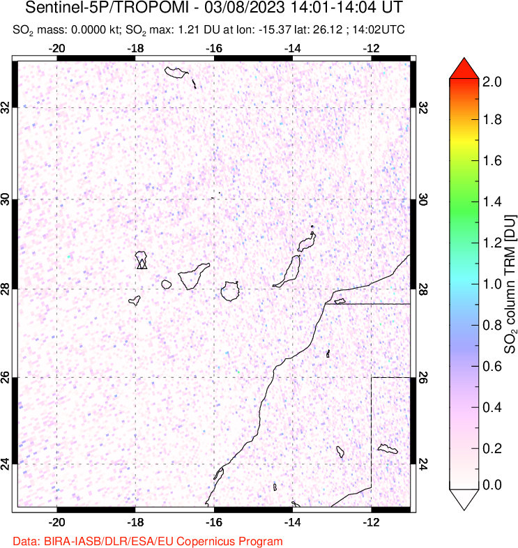 A sulfur dioxide image over Canary Islands on Mar 08, 2023.