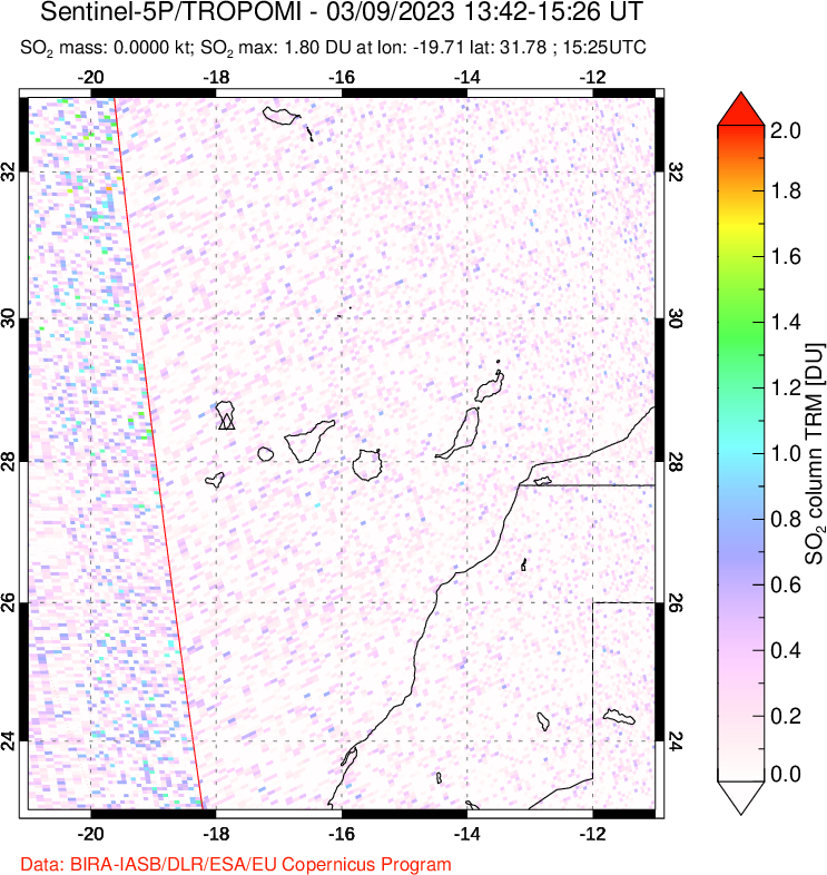 A sulfur dioxide image over Canary Islands on Mar 09, 2023.