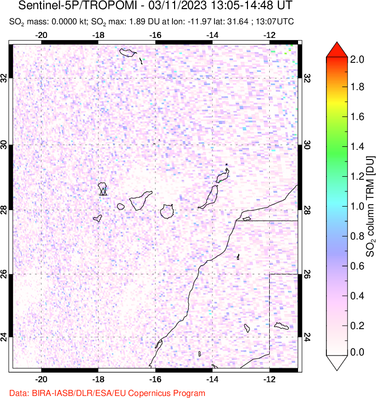 A sulfur dioxide image over Canary Islands on Mar 11, 2023.