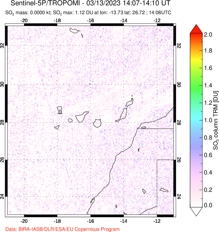 A sulfur dioxide image over Canary Islands on Mar 13, 2023.