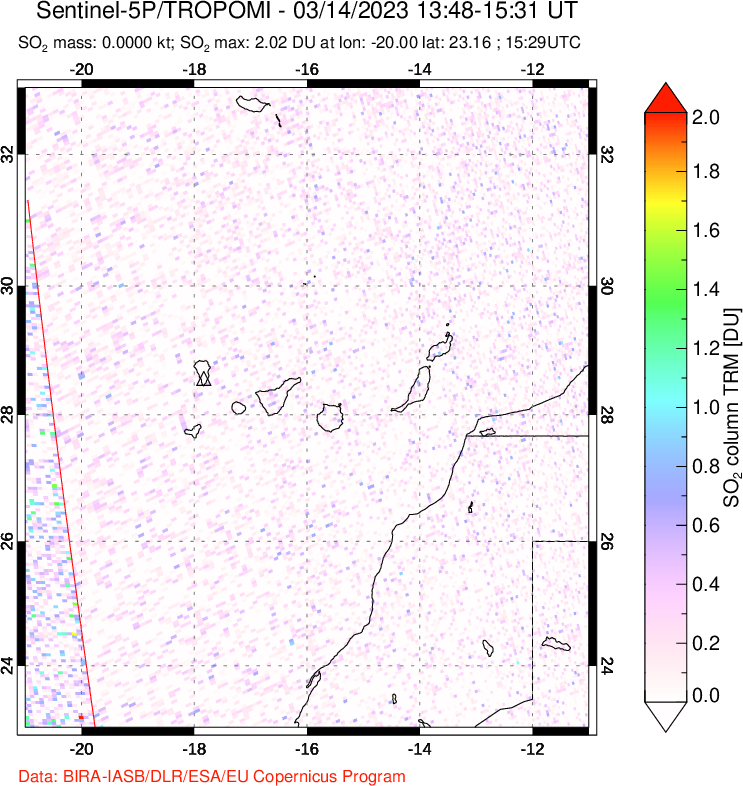 A sulfur dioxide image over Canary Islands on Mar 14, 2023.