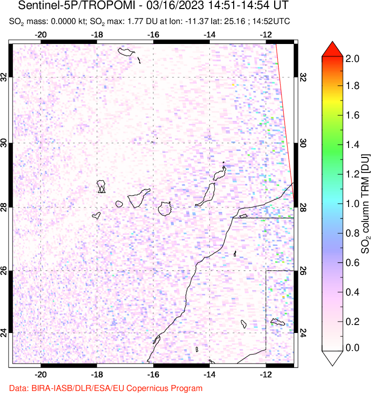 A sulfur dioxide image over Canary Islands on Mar 16, 2023.