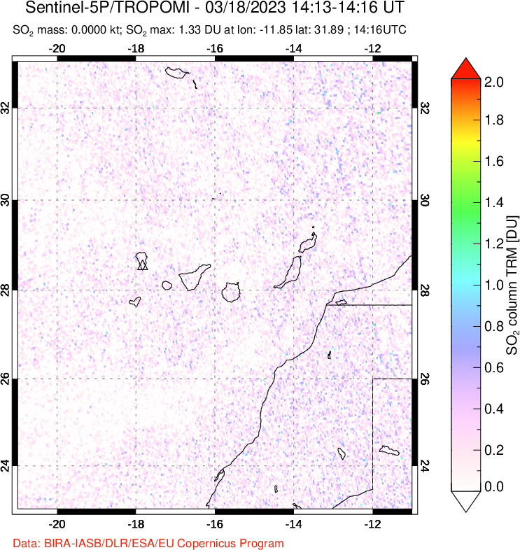 A sulfur dioxide image over Canary Islands on Mar 18, 2023.