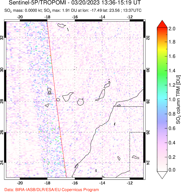A sulfur dioxide image over Canary Islands on Mar 20, 2023.