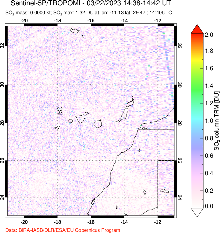 A sulfur dioxide image over Canary Islands on Mar 22, 2023.