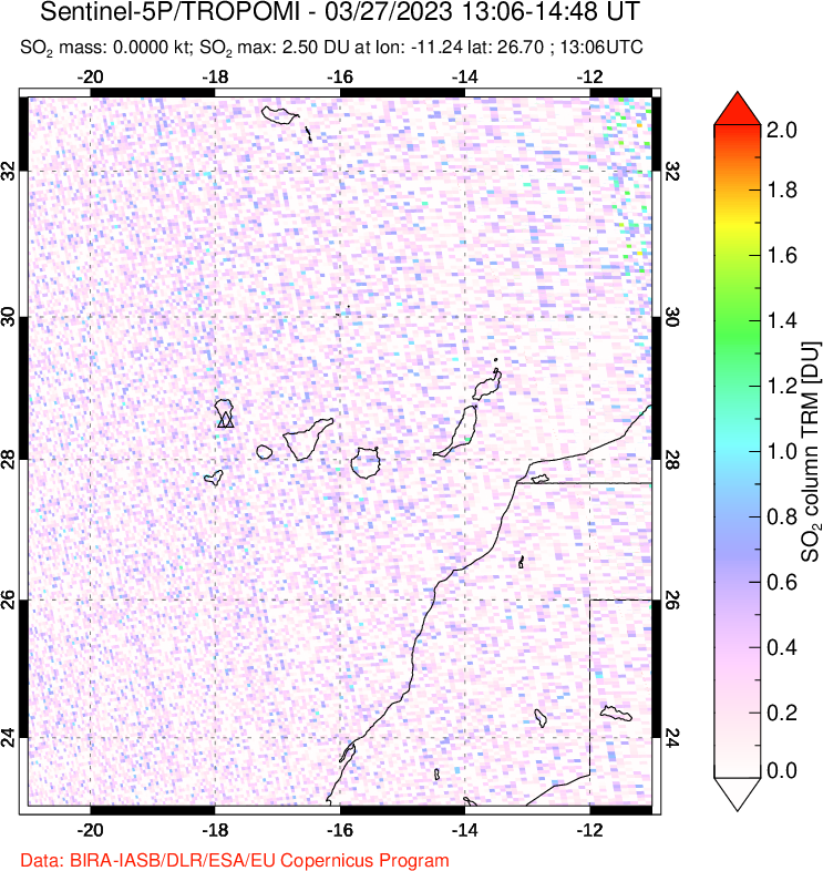 A sulfur dioxide image over Canary Islands on Mar 27, 2023.