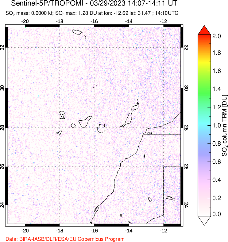 A sulfur dioxide image over Canary Islands on Mar 29, 2023.