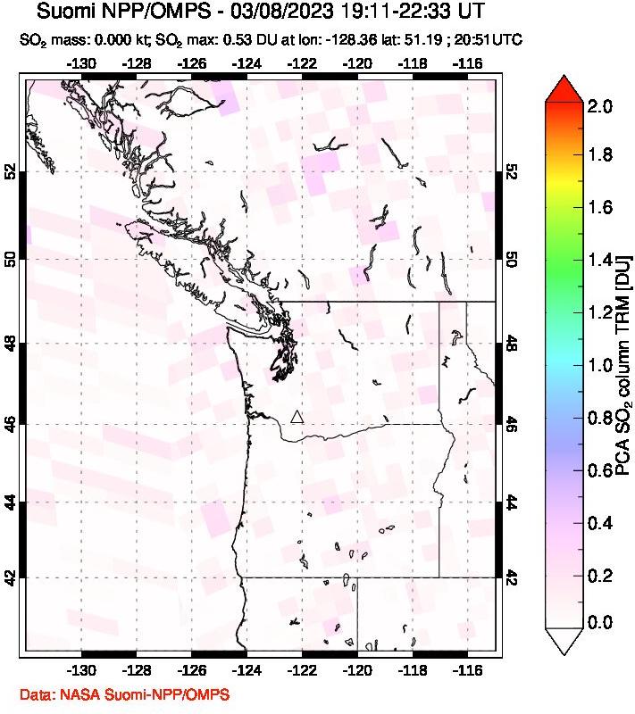 A sulfur dioxide image over Cascade Range, USA on Mar 08, 2023.