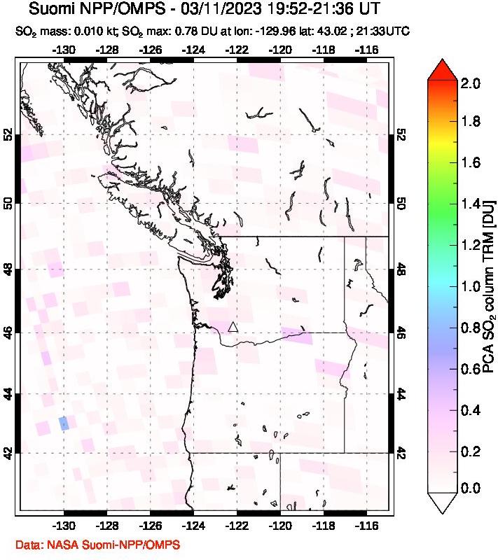 A sulfur dioxide image over Cascade Range, USA on Mar 11, 2023.