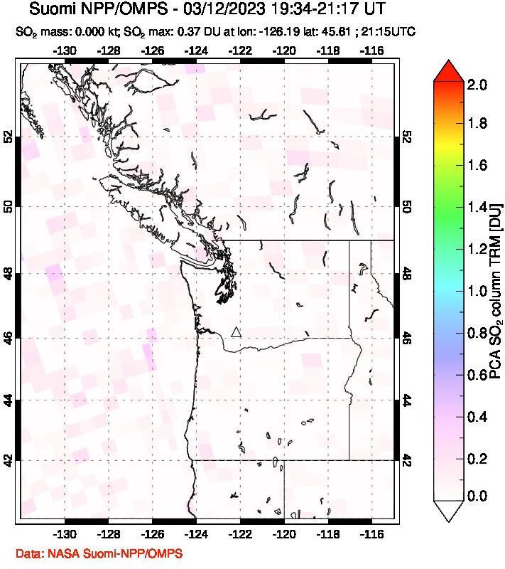 A sulfur dioxide image over Cascade Range, USA on Mar 12, 2023.