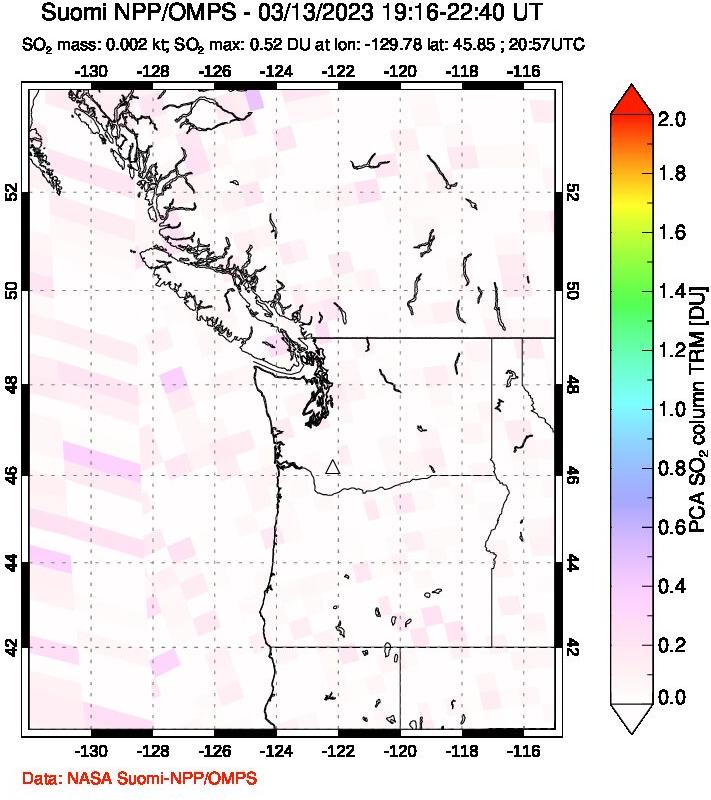 A sulfur dioxide image over Cascade Range, USA on Mar 13, 2023.