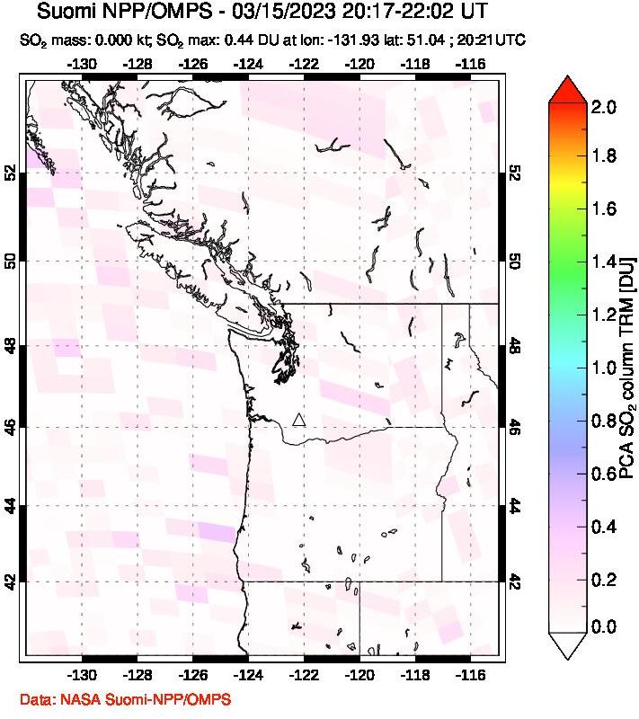 A sulfur dioxide image over Cascade Range, USA on Mar 15, 2023.