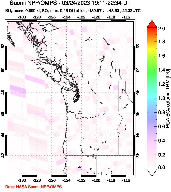 A sulfur dioxide image over Cascade Range, USA on Mar 24, 2023.