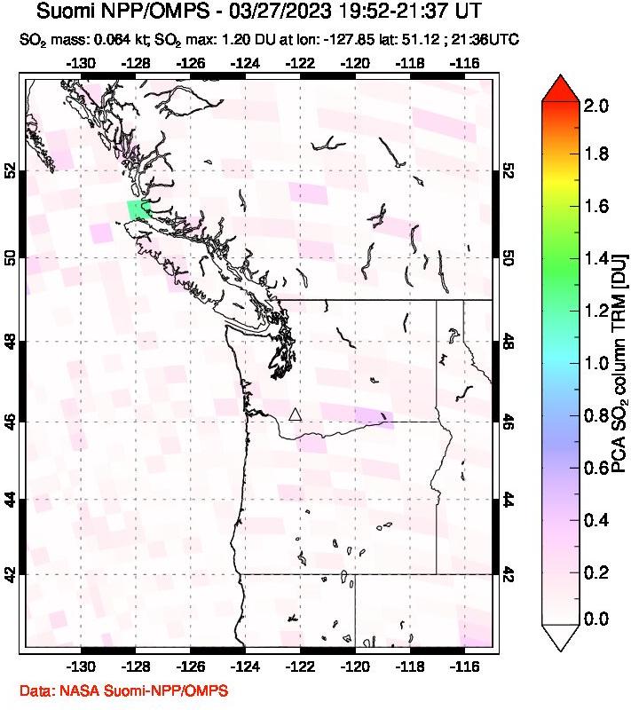 A sulfur dioxide image over Cascade Range, USA on Mar 27, 2023.