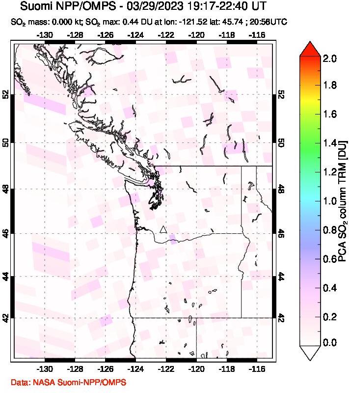 A sulfur dioxide image over Cascade Range, USA on Mar 29, 2023.