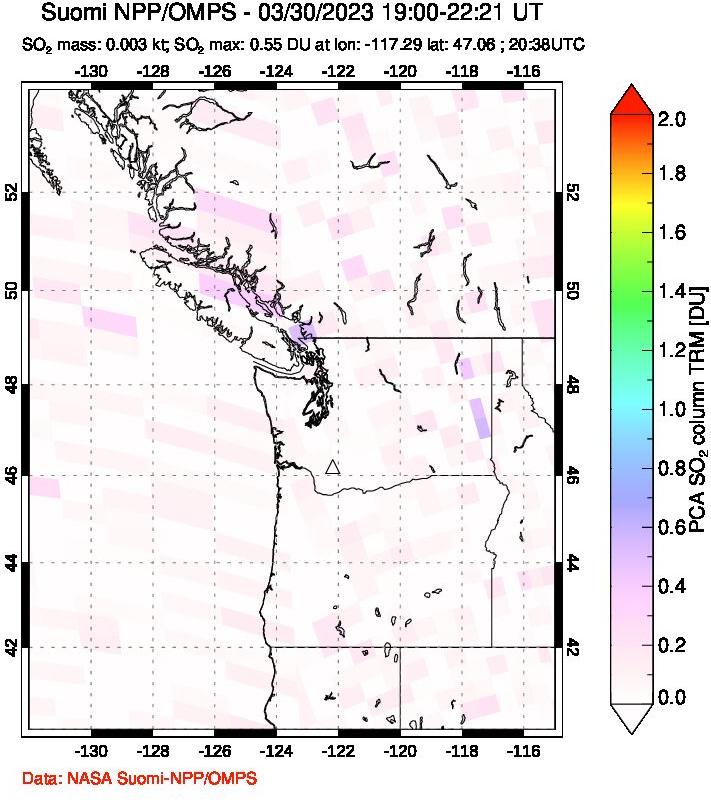 A sulfur dioxide image over Cascade Range, USA on Mar 30, 2023.