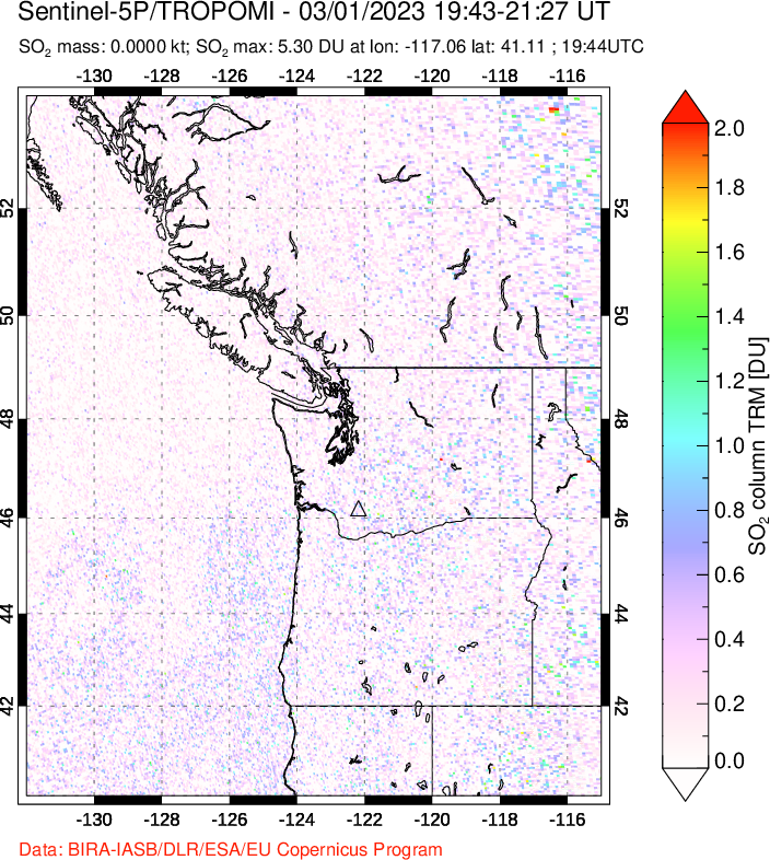 A sulfur dioxide image over Cascade Range, USA on Mar 01, 2023.
