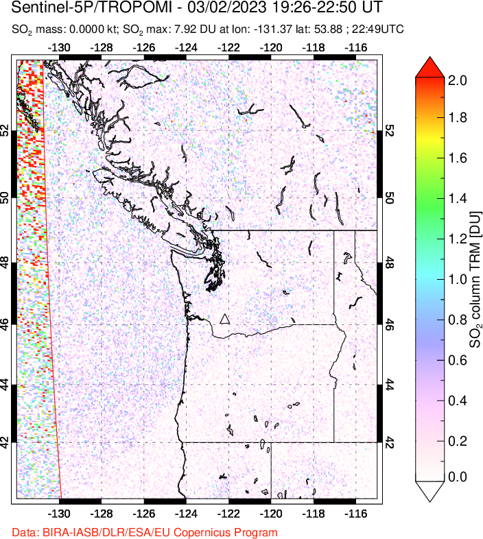 A sulfur dioxide image over Cascade Range, USA on Mar 02, 2023.