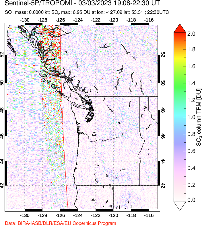 A sulfur dioxide image over Cascade Range, USA on Mar 03, 2023.