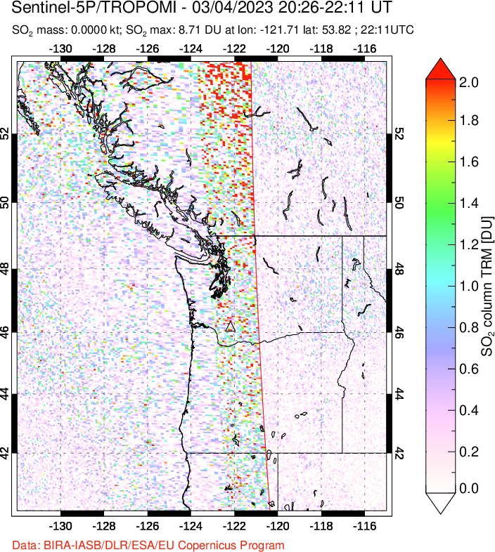 A sulfur dioxide image over Cascade Range, USA on Mar 04, 2023.