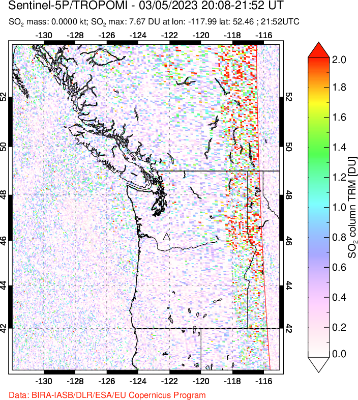 A sulfur dioxide image over Cascade Range, USA on Mar 05, 2023.