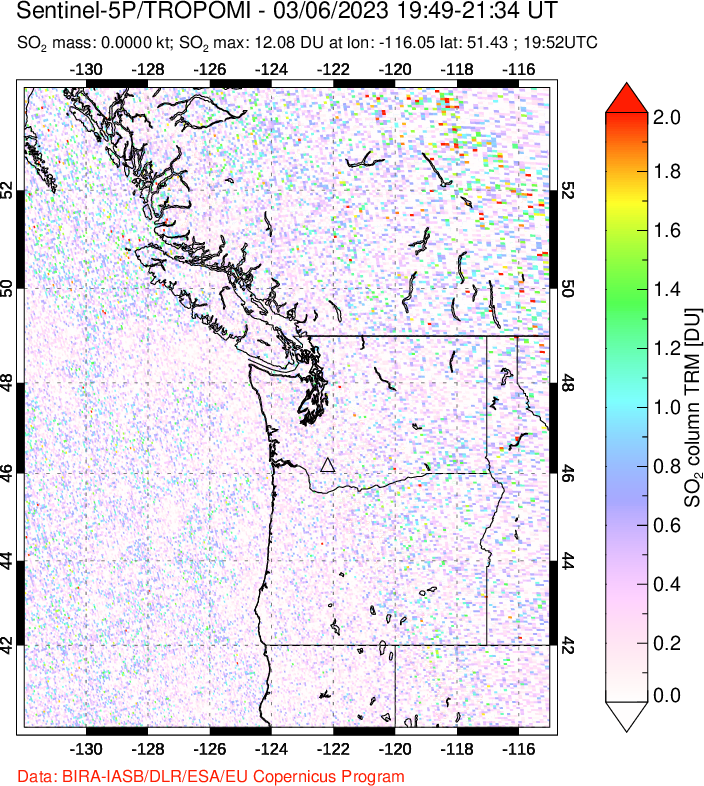 A sulfur dioxide image over Cascade Range, USA on Mar 06, 2023.